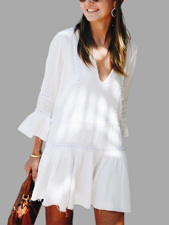 White Crew Neck Beach Casual Dress anniecloth